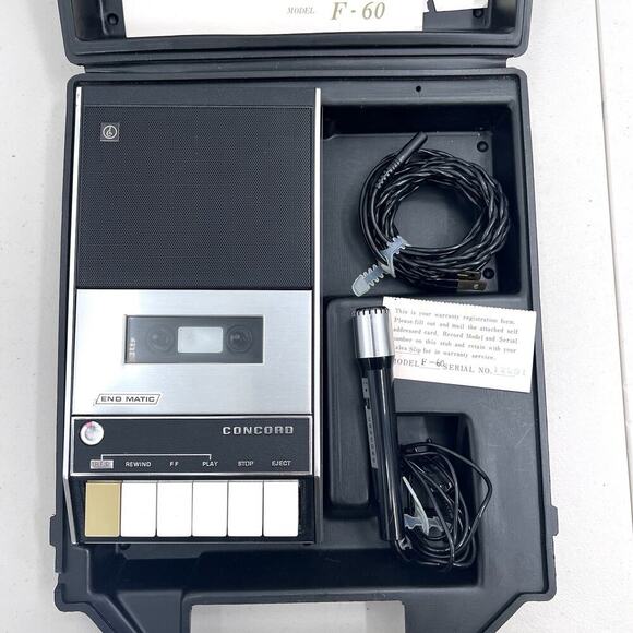 Vintage Concord Model F-60 Cassette Tape Recorder With Microphone Manual & Case - Picture 1 of 7